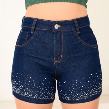 Imagem de Short Jeans Amaciado Escuro Com Brilho Strass Feminino de Barra Costur