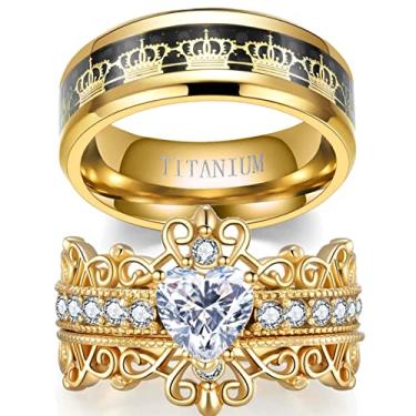 Imagem de ringheart Anéis de coroa para ele e para ela, anéis de casal, anéis de casamento 1 ct CZ feminino, conjuntos de alianças de casamento masculinas de aço de titânio, women size9 & men size11, Metal