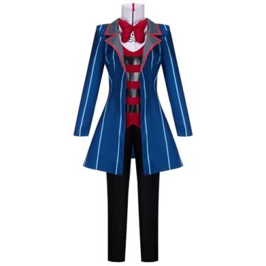 Imagem de UPUPCOS Fantasia masculina de cosplay azul listrado uniforme com chapéu, luvas, suéter, calça, festa de carnaval de Halloween