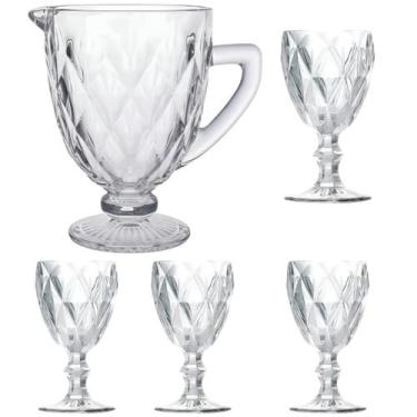 Imagem de Jarra de Vidro Diamond 1,3L + 4 Taça 320ml Transparente Kit Suco água 
