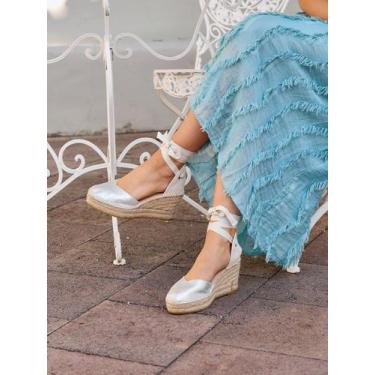 Imagem de Sandália Anabela Média Plataforma Romero Camurça Prata Metalizado, Pra