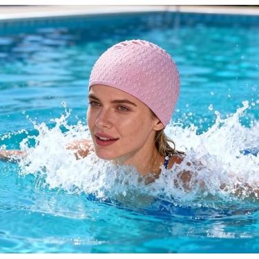 Imagem de Touca de natação de silicone adulto para cabelos longos, impermeável, elástico, confortável, chapéu de natação para homens e mulheres (rosa)