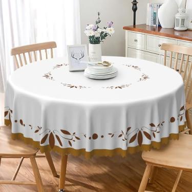 Imagem de SIEDYCV Toalha de mesa redonda com estampa de folha marrom, 106 cm, tecido com padrão de anel, tecido de poliéster, resistente a vincos, lavável, retrô, branca, para jardim, piquenique, cozinha