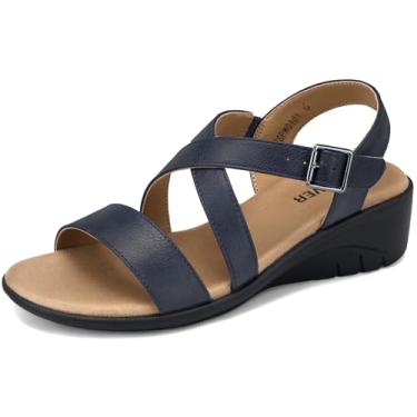 Imagem de SHIBEVER Sandálias femininas estilosas: sandálias de dedo aberto com fivela no tornozelo - Confortável casual caminhada verão cunhas baixas, 01 - Azul, 39