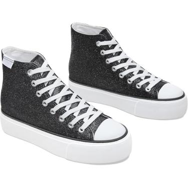 Imagem de ALTOCIS Tênis feminino de cano alto com glitter, plataforma de cano médio, com lantejoulas brilhantes, lindos e brilhantes, plataforma, sapatos de caminhada, Glitter preto, 40