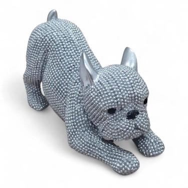 Imagem de Enfeite Cachorro Buldogue Prata Brilhante Alongando 11 cm