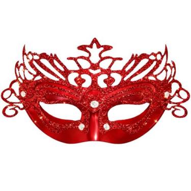 Imagem de Máscara Metálica Glitter Veneziana Carnaval Fantasia Luxo Cor:Vermelho