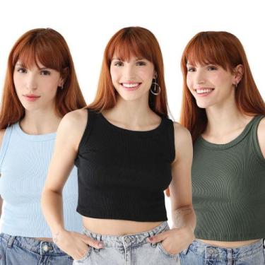 Imagem de Kit 3 Blusas Feminina Cropped Ribana Algodão Premium - 77VS LEVOSCH, P