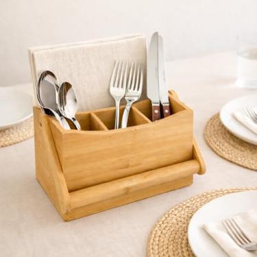Imagem de Porta Talheres e Guardanapos em Bambu com Alça, Organizador de Mesa com Divisórias, 23x15x22 cm