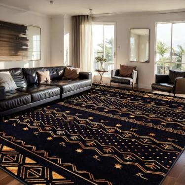 Imagem de SERISSA Tapetes de área de 20 x 25 cm para sala de estar, lavável, antiderrapante, preto e dourado, tapete geométrico macio e geométrico para sala de jantar, quarto, casa, escritório, sala de jogos