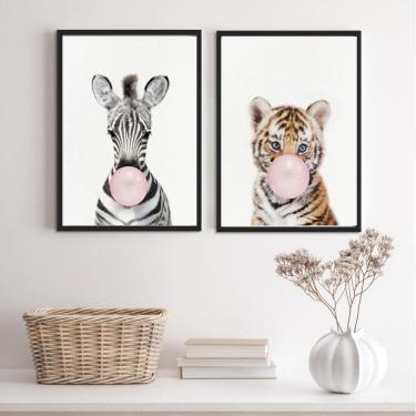 Imagem de Kit 2 Quadros Zebra Tigre Bubble Gum 24x18cm Com Vidro