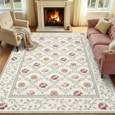 Imagem de GarveeHome Tapete de área 12 x 18 cm, lavável, bege, boêmio, floral, vintage, antiderrapante, resistente a manchas, estampa botânica, tapete macio para quarto, sala de jantar, berçário