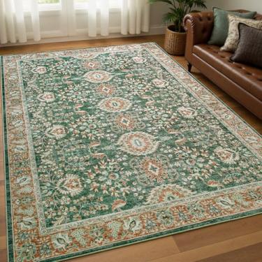 Imagem de Goideal Tapete lavável 7 x 12 cm, tapetes vintage antiderrapantes, tapete de pilha baixa para interior com suporte de borracha para sala de estar, cozinha, banheiro, entrada, escritório, quarto, verde