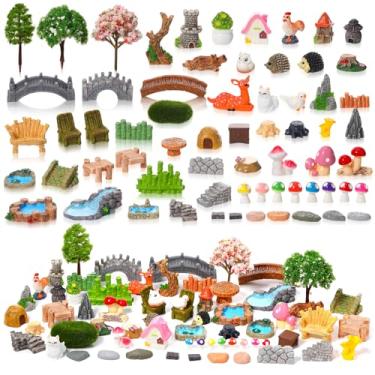 Imagem de GGSTDDUP 65 peças de acessórios de jardim de fadas, miniatura, figuras de animais de resina, mesa e cadeiras, ponte, cogumelo, lagoa, cerca, musgo, bonsai, ornamentos de paisagem, kit para jardim