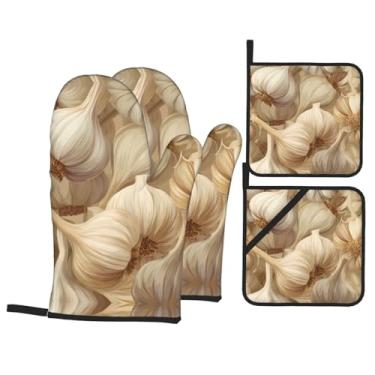 Imagem de Conjunto de luvas de forno com estampa plana de alho, conjunto de 4 peças adequado para grelhar, cozinhar e assar