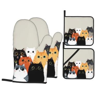 Imagem de Conjunto de luvas de forno estampadas para pintura de gato, conjunto de 4 peças adequado para grelhar, cozinhar e assar