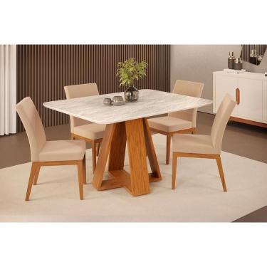 Imagem de Conjunto: Mesa Sala Jantar Celeste c/ Tampo Madeirado Curvo 120x90cm e 4 Cadeiras Isadora Freijo/Quartzo - Ipe/Suede Creme - DJ Móveis