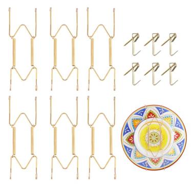 Imagem de 6 peças de ganchos para parede adequados para placa decorativa de 15 a 20 cm ajustável e extensível, com ganchos de metal para exibição de parede placas decorativas e artes (ouro)