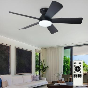 Imagem de BvenuBigLite Ventiladores de teto modernos com luzes: Ventilador de teto de perfil baixo de 106.7 cm com luz e controle remoto - Ventilador de teto preto para quarto reversível 3CCT temporizador