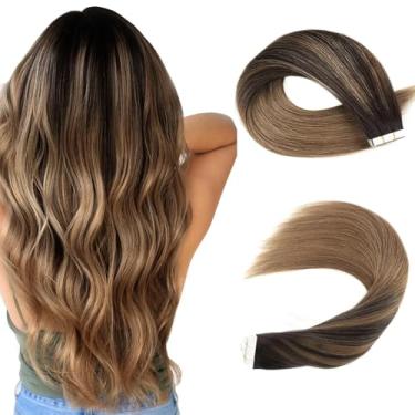 Imagem de Sassina Extensões de cabelo humano com fita adesiva balayage marrom escuro desbotando para castanho castanho dupla face invisível fita grossa em extensões 40 cm 20 peças 50 g #B2-6