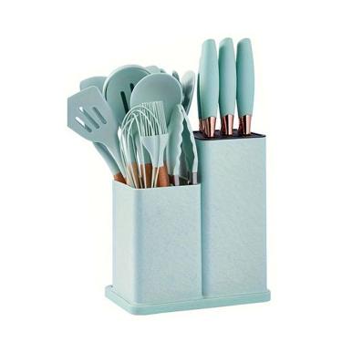 Imagem de Kit 19 Utensílios De Cozinha Silicone Cabo De Madeira Faca Tábua Verde água