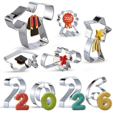 Imagem de Zhehao Conjunto de 9 peças de cortadores de biscoito de formatura 2026 para formatura, boné, diploma, faixa de estrela, número "5,146.0 cm, medalha, cortadores de biscoito de aço inoxidável para