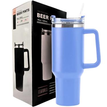Imagem de Copo Térmico Cor Azul Claro Grande 1200 Ml Canudo Parede Dup