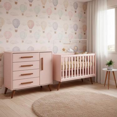 Imagem de Quarto Bebe Infantil Q Encanto Berco Vira Cama e Comoda Sapateira 1 Portas 4 Gavetas Retro Qmovi