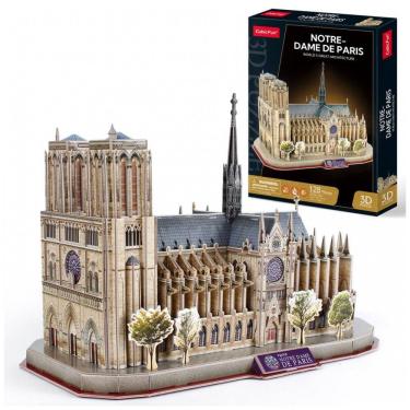 Imagem de Quebra Cabeças 3D Arquitetura Notre Dame com Led para Crianças e Adultos, 128 Peças, CUBICFUN DS0986H, Branco