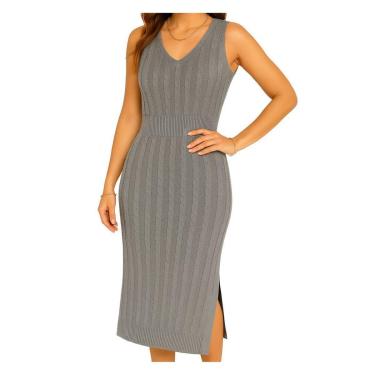 Imagem de Vestido FMF Midi Tricô Feminino Preto com Detalhe de Tranças e Abertura Lateral Premium-Feminino