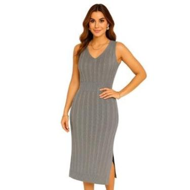 Imagem de Vestido Vih Triny Midi Tricô Feminino Preto com Detalhe de Tranças e Abertura Lateral Premium-Feminino