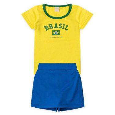Imagem de Conjunto Brasil Infantil Menina Blusa Amarela e Shorts Saia Azul Copa 