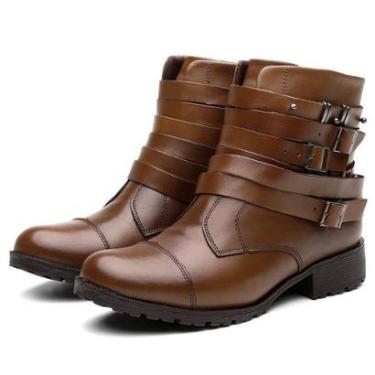 Imagem de Bota Feminina Cano Curto Couro Salto Baixo Casual Fivela-Feminino