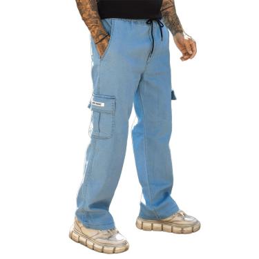 Imagem de Calca Cargo Boca Larga Skate Jeans Sarja Streetwear Masculino Feminino Unissex Azul-Mas...