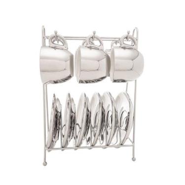 Imagem de Conjunto 6 Xícaras de Café com Pires de Porcelana e Suporte Versa Bran