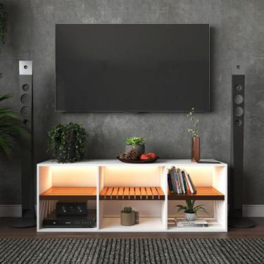 Imagem de Rack Estante Para Tv Moderno Sala Quarto Bancada Madeira Branco Metal