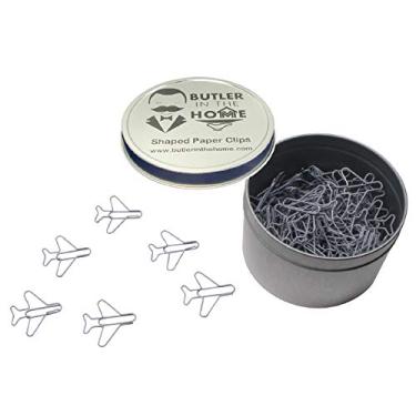 Imagem de Butler in the Home 100 clipes de papel em forma de avião ótimos para colecionadores de clipe de papel ou presente de escritório – vem em lata redonda com tampa e caixa de presente, Cinza