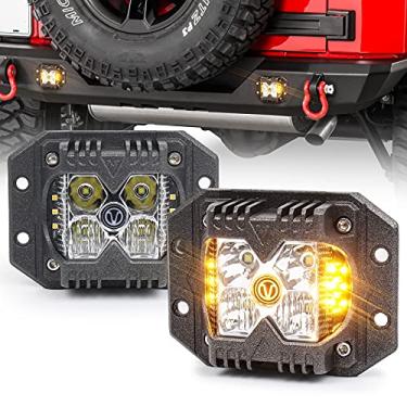 Imagem de Atiradores laterais de montagem embutida, POVTOR 40W luzes LED Pod com logotipo em V separado dupla lateral âmbar sólido e estroboscópico combo feixe off-road compatível com ATV RZR 1000 caminhão trator carros SUV 4X4 motocicleta