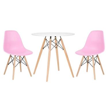 Imagem de Mesa Redonda Eames 70 Cm Branco + 2 Cadeiras Eiffel Dsw Rosa Claro