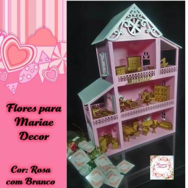Imagem de Casinha De Boneca Polly Menina + 27 Móveis - Rosa Com Branco - Flores