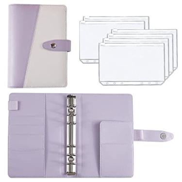 Imagem de Fichário A6 Planner Orçamento Caderno de Couro PU Folhas Soltas Capa de Caderno 6 Buracos Fichário Bolsos Fichário de Plástico Zíper Envelope, Emenda Roxo