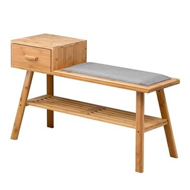 Imagem de prateleira de sapatos Banco de entrada de sapatos, bancada de madeira de calçada com assento acolchoado, banco de organizador com armazenamento de gaveta estilo simples rolamento de boa carga, ideal p