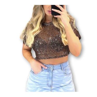 Imagem de Blusa Cropped Feminina Paête Manga Curta Tendência - Filó Modas