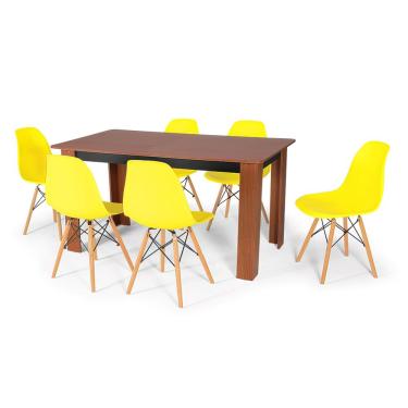 Imagem de Conjunto Mesa de Jantar Retangular Pérola Cherry 150x80cm com 6 Cadeiras Eames Eiffel - Amarelo