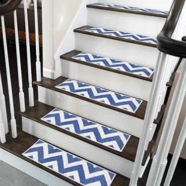 Imagem de SussexHome Traverse Design 22,8 cm x 71,1 cm para escadas – 70% algodão antiderrapante tiras para carpete para escadas internas – fácil de instalar com fita adesiva dupla, aderência extra, pacote com 4 - azul-marinho