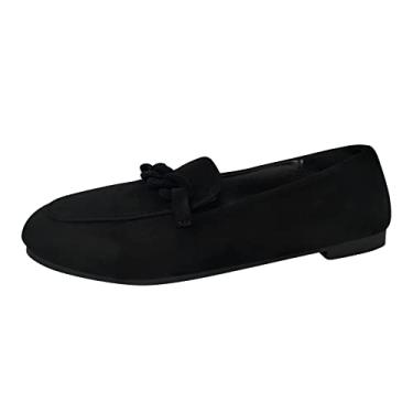 Imagem de Sandália feminina de camurça lisa bico fino sandália feminina moda plana salto baixo boca rasa respirável sapatos casuais (preto, 8)