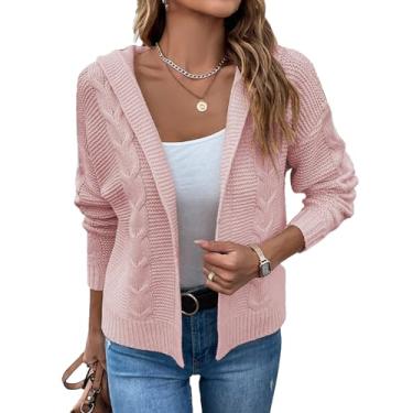 Imagem de Cardigã feminino tricotado frente aberta com capuz suéter manga longa casaco de malha, Couro rosa, M