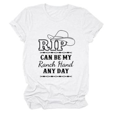 Imagem de Rip Can Be My Ranch Hand Any Day Camiseta feminina com padrão de chapéu jeans engraçado com dizeres estampados camisetas country music pulôver tops, Branco, G