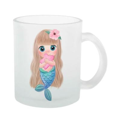 Imagem de Caneca Vidro Jateada Sereia estrela mar azul rosa