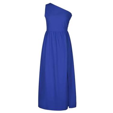 Imagem de UIFLQXX Vestido longo plus size para mulheres, cor sólida, tecido macio, sedoso, fenda alta, vestido sem mangas, vestido de um ombro só, Azul, GG